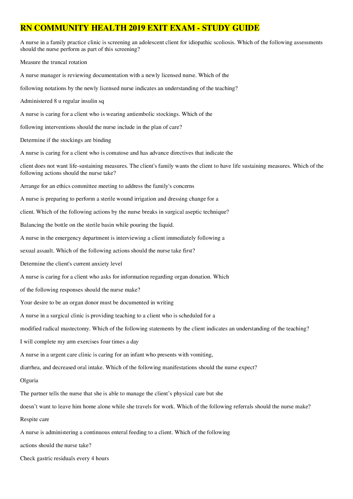 Preview image for RN COMMUNITY HEALTH 2019 EXIT EXAM - STUDY GUIDE